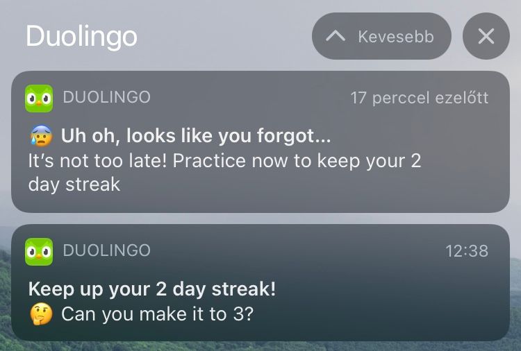 A Duolingo értesítésekkel figyelmeztet, hogy ne veszítsd el a több napos sorozatodat